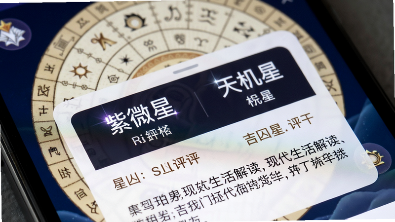 画面为手机屏幕局部放大,显示一个宫位弹窗,内含“紫微星”、“天机星”等星曜名称,下方配有简短的吉凶评价和现代生活解读文字,背景虚化显示整体命盘,布局聚焦核心信息,排版层次分明,风格为专业工具风,细节处有高光效果突出重点星曜,画质细腻,干净无干扰元素,文字排版紧凑易读