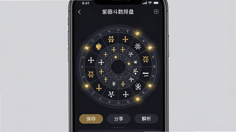 画面主体为手机屏幕特写,展示“紫薇斗数排盘”APP界面,深色背景,中心显示清晰的十二宫位命盘图表,星曜图标以金色和白色高亮显示,周围环绕着简洁的功能按钮如“保存”、“分享”、“解析”,整体布局对称严谨,排版整洁有序,风格为现代简约科技风,细节处有微弱的光效强调星曜位置,画质高清,干净无多余元素,文字清晰可见