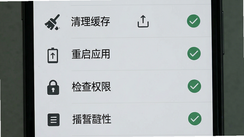 画面为手机故障排查界面,列表显示“清理缓存”、“重启应用”、“检查权限”等操作步骤,配有简单的图标指示,背景为浅灰色,布局为垂直列表,排版紧凑,风格为极简教程风,细节处有对勾表示完成状态,画质清晰,干净无多余弹窗,文字指引明确