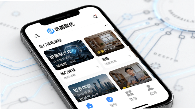 主体为手机屏幕展示班墨聚优APP首页,布局清晰,顶部导航栏显示“班墨聚优”Logo,中间为热门课程卡片,底部为功能菜单,风格为现代简约科技风,细节丰富,画质高清,干净无多余元素