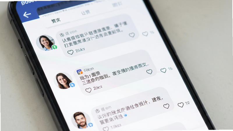 主体为手机界面展示社区帖子流,布局为头像加内容气泡,排版自然,风格为社交化设计,细节包括点赞图标,画质清晰,干净,无多余元素