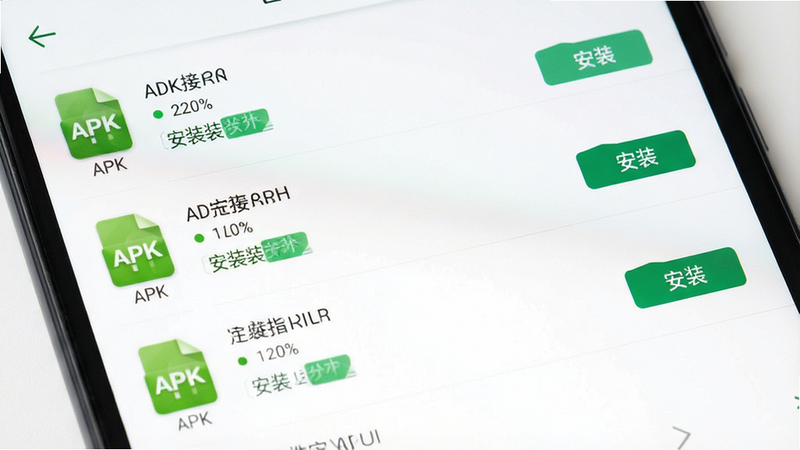 主体为手机文件管理器界面截图,布局清晰,排版列表式,风格简约,细节显示APK文件图标与安装按钮,画质高清,干净背景,文字“安装”清晰