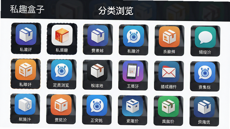 主体展示私趣盒子资源分类页面,布局为网格状图标排列,排版紧凑且逻辑清晰,风格简洁商务,细节显示各类APP图标与分类标签,画质高清,干净背景,文字“分类浏览”清晰