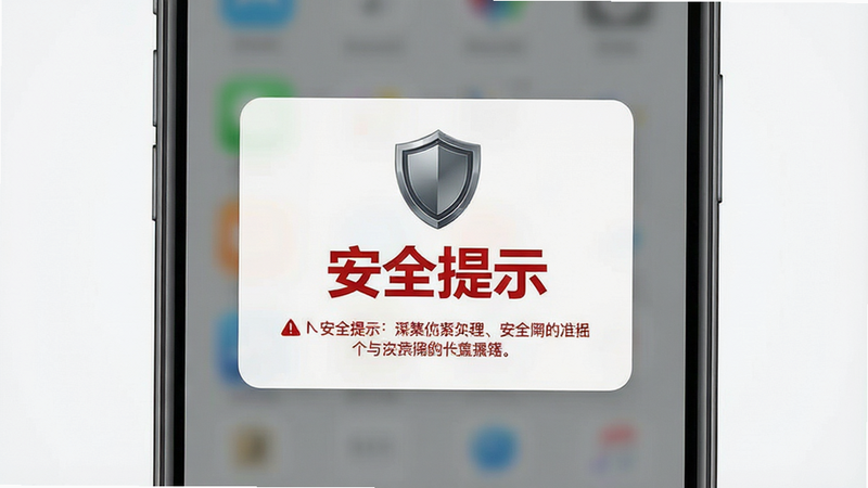 主体为手机屏幕显示安全警告弹窗的模拟图,布局居中,排版警示性强,风格严肃专业,细节显示盾牌图标与红色警告文字,画质清晰,干净背景,文字“安全提示”醒目