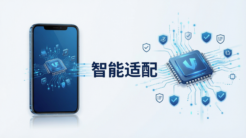 主体为手机与芯片连接的抽象图示,布局左右平衡,排版现代,风格科技蓝调,细节展示数据流动与兼容标识,画质高清,干净背景,文字“智能适配”居中