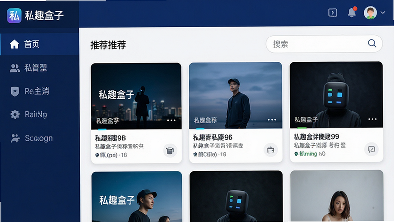 主体为私趣盒子安卓APP高清主界面截图,布局呈现左侧垂直导航栏与右侧核心内容流,排版整洁有序,风格采用现代扁平化设计,色调以深蓝色与白色为主,细节展示首页推荐卡片与搜索框,画质4K超清,干净无多余元素,文字“私趣盒子”清晰可见