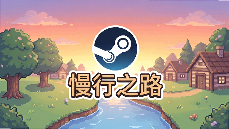 主体为《慢行之路(steam移植)》游戏主界面,布局采用中心对称构图,中央显示游戏Logo及标题文字“慢行之路”,周围环绕着柔和的像素风格树木、溪流与小屋,背景是渐变的黄昏天空,排版简洁大气,风格为清新治愈系像素艺术,细节丰富,色彩柔和温暖,画质高清,干净,无多余元素