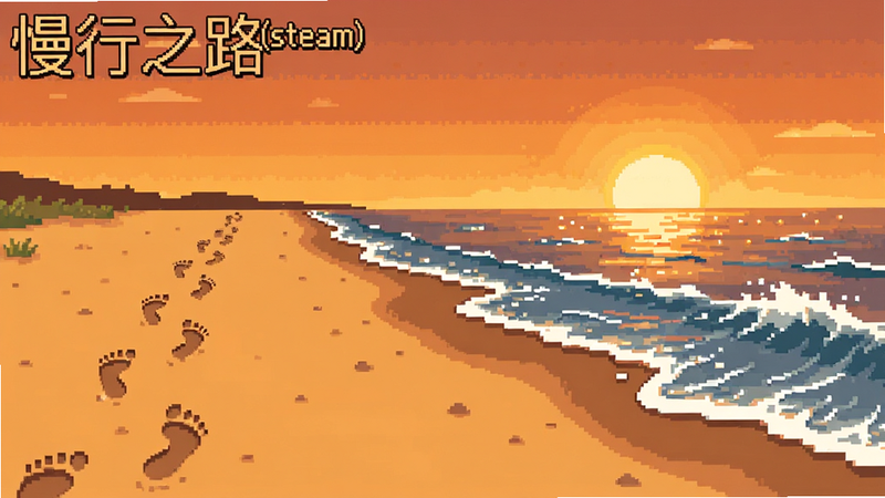 主体为《慢行之路(steam移植)》海边日落场景,布局采用广角视角,地平线位于画面中部,左侧是沙滩上的脚印,右侧是海浪拍打岸边,排版开阔,风格为温暖色调像素艺术,细节表现夕阳的余晖和海面的波光,画质高,干净,无多余元素