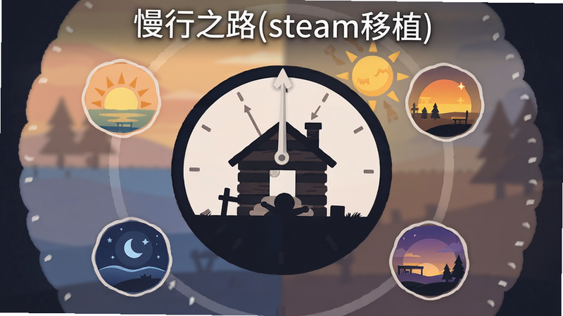 主体为游戏内的时间轴界面,布局呈环形排列,展示日出、正午、黄昏、深夜四个时段图标,中心为角色休息的木屋剪影,风格为简约扁平化设计,细节丰富如时钟指针的细微移动效果,画质清晰柔和,无多余装饰,文字标注