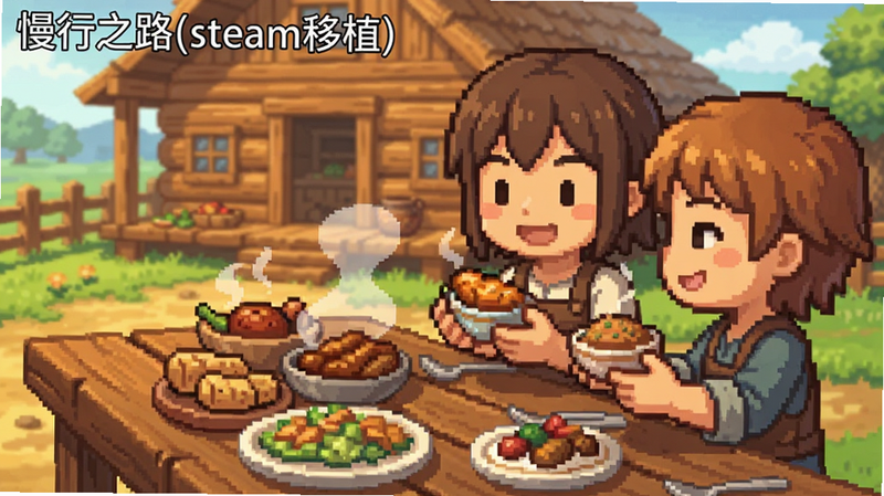 主体为两名角色在农场中分享食物的场景,布局采用对角线构图,前景为盛满美食的木桌,背景为温馨的木质房屋,风格为温馨手绘像素风,细节展现角色微笑的表情和食物的热气,画质温暖细腻,无杂乱元素,文字标注
