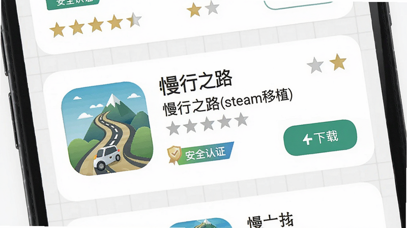 主体为手机应用商店界面截图,布局突出“慢行之路”应用卡片,包含图标、名称、评分与下载按钮,背景为简洁的白色网格,风格为现代移动UI设计,细节展现五星好评图标与“安全认证”徽章,画质高清纯净,无杂乱元素,文字标注