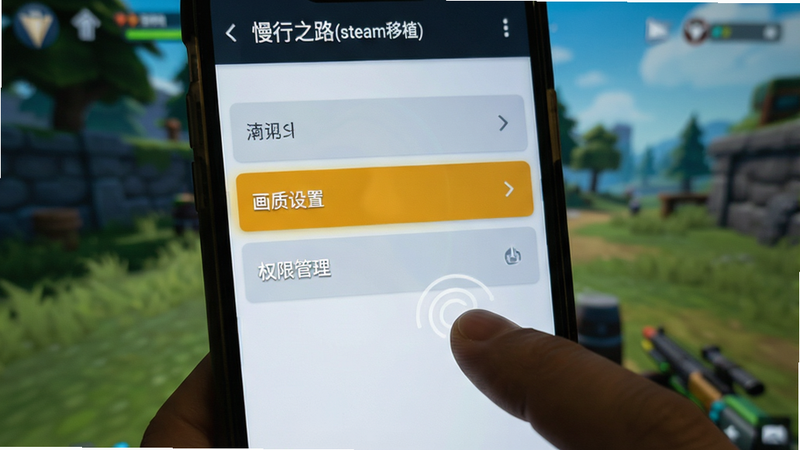 主体为手机屏幕显示游戏设置界面,布局为垂直列表,高亮显示“画质设置”与“权限管理”选项,背景为模糊的游戏场景,风格为简洁UI设计,细节展现手指点击屏幕的操作轨迹,画质清晰扁平,无多余装饰,文字标注