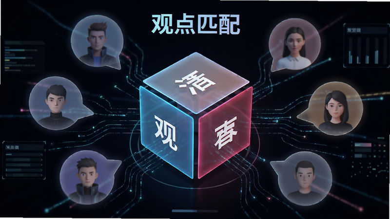 展示“对立面”APP内的观点匹配界面,中心是一个旋转的立方体,每个面代表不同立场,周围环绕着半透明的用户头像气泡,布局呈放射状,风格为赛博朋克与极简结合,细节包含数据流线条,画质细腻,无杂乱背景,文字“观点匹配”作为装饰元素存在