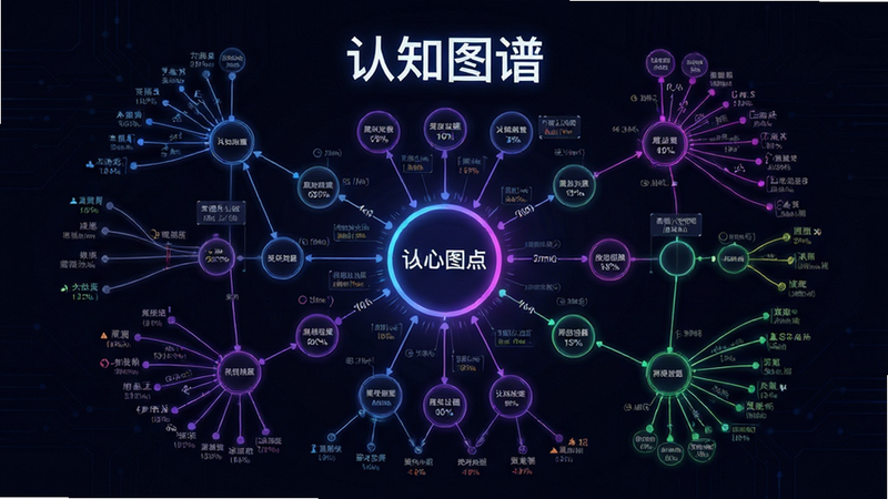 “对立面”APP的认知图谱数据可视化页面,布局为复杂的节点网络图,中心节点高亮显示,代表核心观点,周围节点代表关联议题,排版有序,风格为深色背景下的霓虹线条,细节包含数据标签,画质清晰,无多余装饰,文字“认知图谱”清晰展示