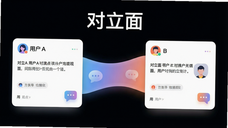 主体为一款名为“对立面”的手机应用界面预览,布局采用左右分屏设计,左侧显示用户A的观点卡片,右侧显示用户B的对立观点卡片,中间由一条柔和的渐变光带连接,排版简洁现代,风格为极简主义科技风,细节处包含抽象的对话气泡图标,画质高清,背景干净无多余元素,文字“对立面”清晰可见
