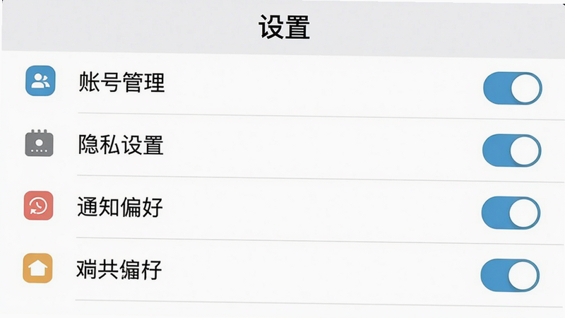 “对立面”APP的设置界面预览,布局为列表式菜单,包含账号管理、隐私设置、通知偏好等选项,排版整齐,风格为扁平化设计,细节包含开关按钮与图标,画质清晰,无多余元素,文字“设置”清晰可见