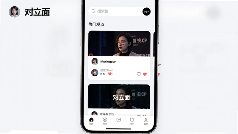 “对立面”APP的主界面预览,布局为卡片式流,顶部为搜索栏,中部为热门观点卡片流,底部为导航栏,排版现代简洁,风格为浅色模式,细节包含用户头像与点赞数,画质高清,无杂乱背景,文字“对立面”Logo清晰