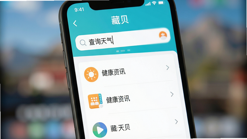 主体为手机屏幕特写,显示“藏贝”应用内的搜索界面。布局上方为搜索框,内部显示文字“查询天气”或“健康资讯”,下方为列表式的结果展示,图标与文字对齐整齐。背景虚化处理,突出屏幕内容。风格为扁平化UI设计展示,色彩明亮。细节处体现字体清晰、间距舒适。画质高保真,干净,无多余元素,文字包含“藏贝”及搜索关键词