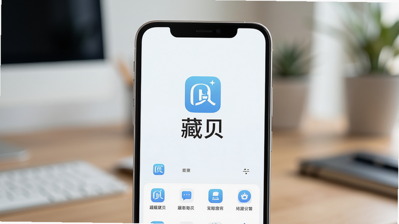 主体为一部竖屏显示的现代安卓智能手机,屏幕中央展示着“藏贝”应用的启动界面或主功能页,界面设计极简清新,以白色和浅蓝色为主色调,图标清晰可见。布局上手机位于画面中心,背景为模糊的办公桌面或家居环境,营造生活化氛围。排版简洁,无多余装饰。风格为写实摄影风格,光影柔和自然。细节处体现手机边框的金属质感和屏幕的高清显示效果。画质高清,干净,无多余元素,文字清晰显示为“藏贝”