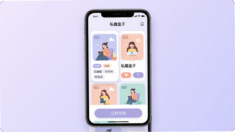 һ��չʾ��˽Ȥ���ӡ�App�������ĸ���ͼ������Ϊ�ֻ���Ļ������ʾ����Ļ�ڳ���ɫ����͵Ŀ�Ƭʽ���ݲ��֣�����ͼƬ�����ֱ�ǩ�ͻ�����ť������Ϊ����ɫ���䣬���Ϊ��ƽ��UI��ƣ�ϸ�����������ʸ��壬�޶���Ԫ�أ�������ʾΪ��˽Ȥ���ӡ�