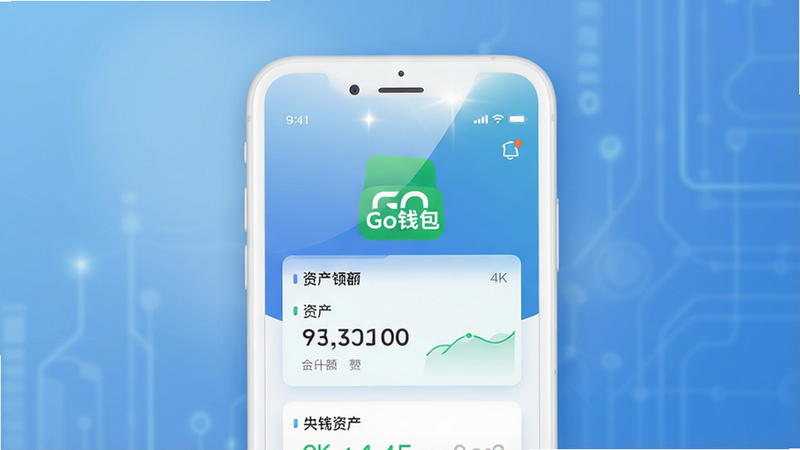 һ��չʾGoǮ���ֻ�APP����ĸ������ͼ������Ϊһ����ɫ�����ֻ�����Ļ������ʾ��ɫ�ġ�GoǮ����Logo�������ʲ���Ƭ������Ϊ��͵ĿƼ������䣬���־��У��Ű�ɾ�������ִ�����ϸ�ڰ���ϸ΢�Ĺ����䣬����4K���ɾ��޶���Ԫ��