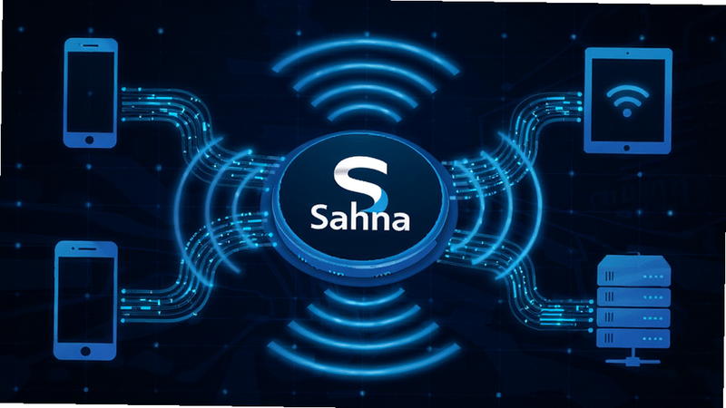 主体为Sahna应用的技术架构示意图,中心是Sahna Logo,周围环绕着信号波纹和数据流线条,连接着手机、平板和服务器图标,背景为深蓝色科技网格,线条流畅发光,风格科技感强,高清画质,干净无多余元素