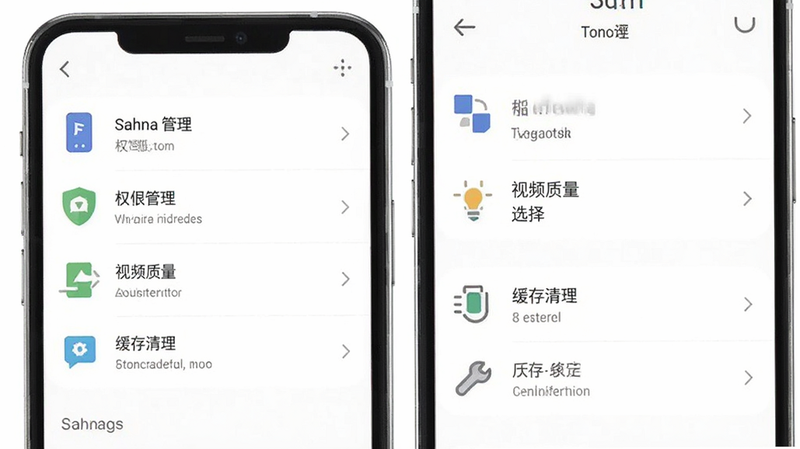 主体为Sahna应用在手机上的设置界面,显示权限管理、视频质量选择、缓存清理等选项,背景为简洁的白色,图标清晰,布局合理,风格扁平化,高清画质,干净无多余元素