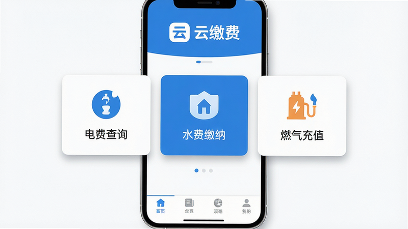 ����Ϊ���ƽɷѡ�APP���ֻ�����չʾ�����ֲ������ĶԳ���ƣ�������ʾ����Logo�ͱ��⡰�ƽɷѡ����м������Ϊ������Ҫ����ģ�飺��Ѳ�ѯ��ˮ�ѽ��ɡ�ȼ����ֵ��ÿ��ģ������������ͼ��ͼ������˵�����ײ��ǳ����ĵ��������Ű��������򣬷��Ϊ�ִ���ƽ����ƣ�ɫ������ɫ�Ͱ�ɫΪ����ϸ�ڴ���ϸ΢����ӰЧ�����Ӳ�θУ����ʸ���8K�������ɾ�������Ԫ�أ����������ɶ���