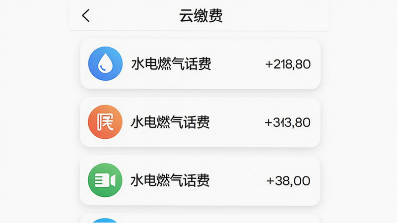 ����Ϊ�ƽɷ�APP�Ĺ����б����棬����Ϊ��ֱ�����б���ÿһ��������Ĳ�ɫԲ��ͼ�꣨�ֱ����ˮ��ȼ�����ѣ����Ҳ�����ֱ��⼰������Ϊ����ɫ�����������ϸ�ڴ�����΢��Բ�ǿ�Ƭ��ƣ������������޶���װ�Σ����֡��ƽɷѡ���ΪӦ�ñ�ʶ�����ڶ�����������