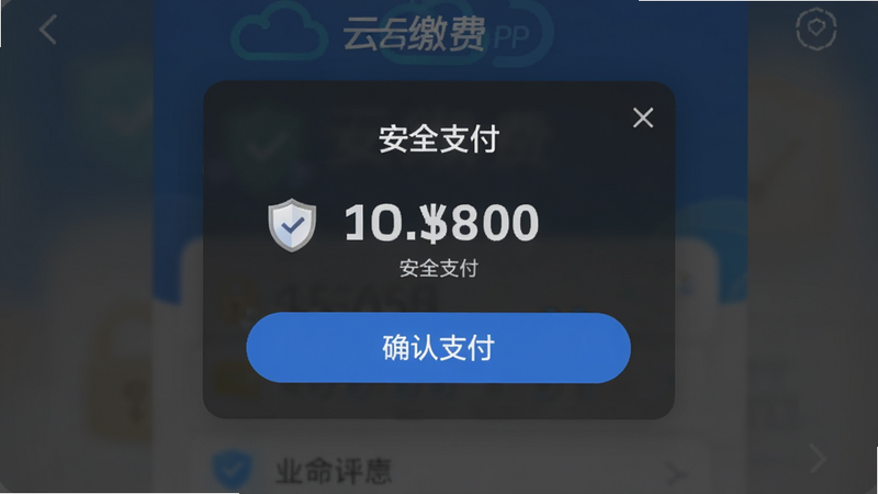 ����Ϊ�ƽɷ�APP��֧��ȷ�Ͻ��棬����Ϊģ̬������ʽ��������ʾ֧�����͡�ȷ��֧������ť������Ϊ��͸������ɫ���֣��������ɿ���ϸ�ڴ��ж���ͼ��������ȫ�����ʸ��壬�޶������֣����֡���ȫ֧�����͡��ƽɷѡ���Ŀչʾ��