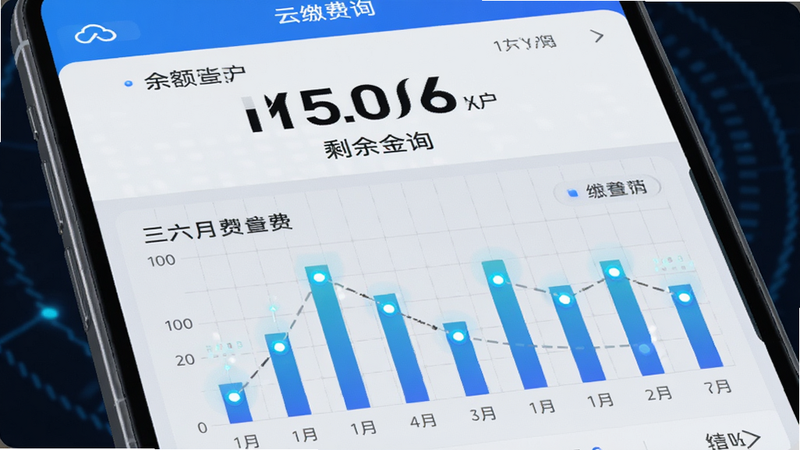 ����Ϊ�ƽɷ�APP���˵�����ҳ�棬����Ϊ���½ṹ���Ϸ���ʾ��ǰ�˻���ʣ������������֣��·��ǽ������µ�������״ͼ������Ϊǳ��ɫ���񣬷��Ƽ���ǿ��ϸ�ڴ������ݵ�ķ���Ч�������ʾ�ϸ������������Ԫ�أ����֡�����ѯ���͡��ƽɷѡ������ɼ���