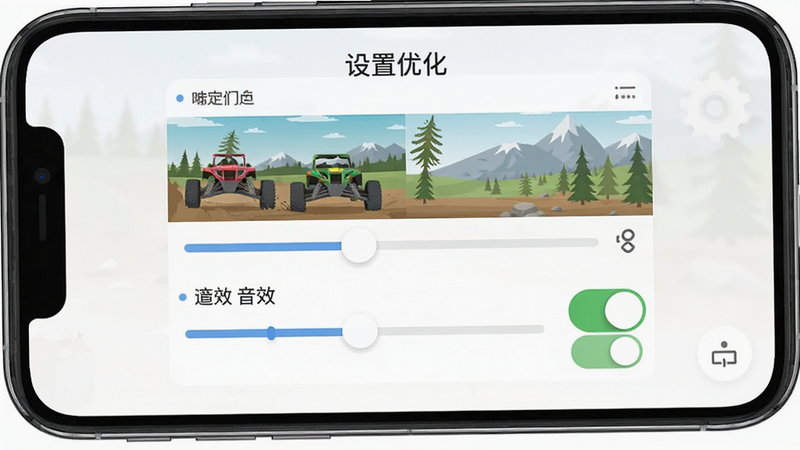 主体为手机屏幕显示越野赛车达人设置界面,布局为竖屏UI,展示画质与音效选项,排版简洁,风格为扁平化设计,细节包括滑动条与开关按钮,画质清晰,无多余元素,文字“设置优化”位于顶部