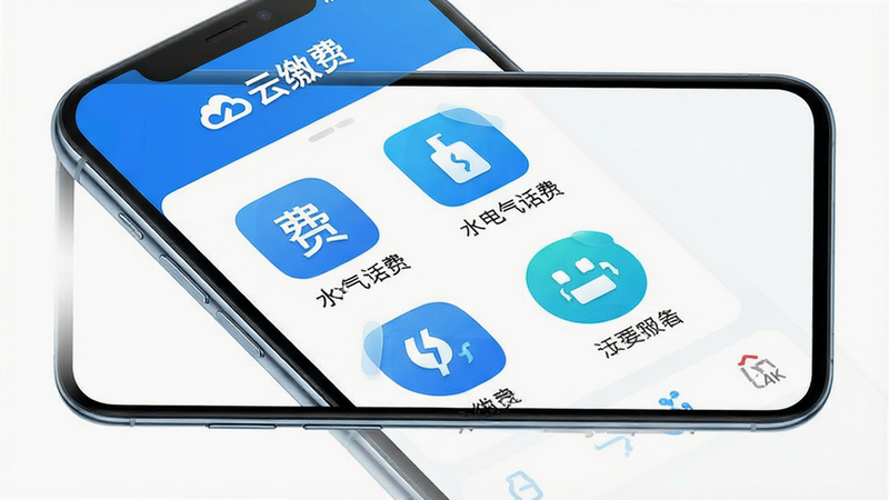 一张展示“云缴费”应用界面全景的高清图,主体为手机屏幕,屏幕上清晰显示“云缴费”Logo及水电气话费四大核心功能图标,布局呈网格状,排版整洁有序,风格简约现代,细节处体现蓝色科技色调,画质4k,干净无多余元素,背景为纯白色