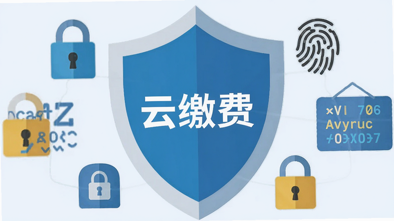 一张盾牌形状的安全图标,中心写着“云缴费”字样,周围环绕着锁、指纹、加密代码等元素,象征安全与保护,背景为浅蓝色,风格扁平化,画质高清,无杂乱背景