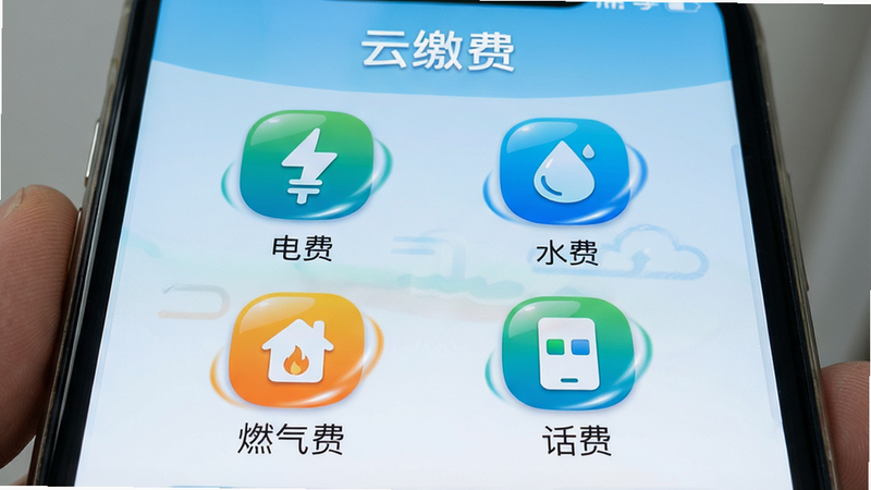 AI生成一张手机屏幕特写,屏幕中央突出显示“云缴费”App的缴费大厅界面,清晰可见“电费”、“水费”、“燃气费”、“话费”四个大图标,图标设计扁平化,带有动态光泽感,背景为浅蓝色渐变,文字“云缴费”清晰可见,画质高清,构图居中