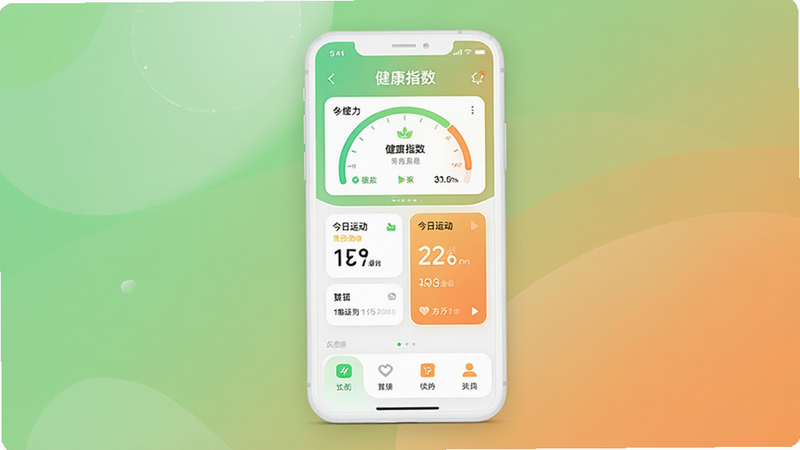 主体为一部竖立的白色智能手机,屏幕显示“运动健康新生活”APP首页,布局清晰,顶部为健康指数仪表盘,中部为今日运动数据卡片,底部为功能入口,风格为现代极简主义,细节包含柔和的绿色与橙色渐变背景,画质高清,干净,无多余元素