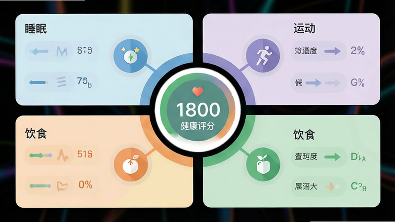 主体为数据可视化图表,布局中心辐射式,中心为健康评分,四周延伸出睡眠、运动、饮食等维度,排版均衡,风格扁平化设计,细节包含柔和的色彩区块,画质细腻,干净,无多余元素