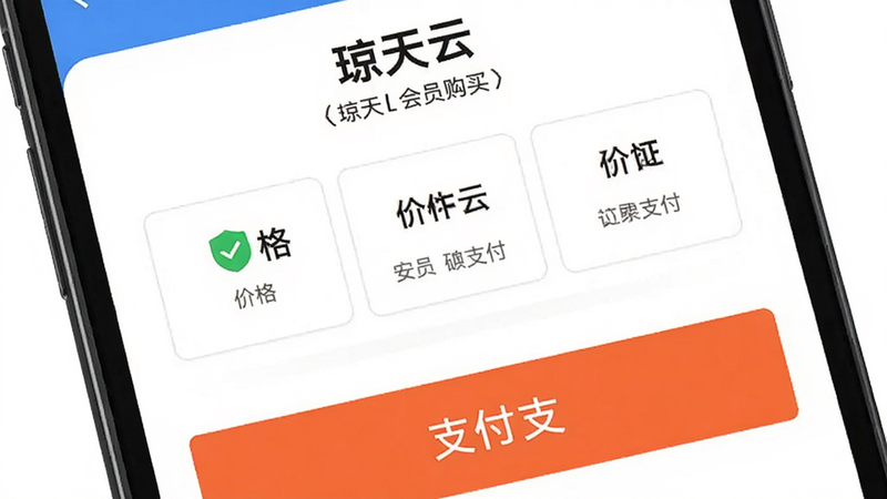 主体为手机支付界面,显示“琼天云”会员购买页面,布局清晰,上方为价格选项,下方为支付按钮,背景为白色,风格简洁商务,细节处有安全支付标识,画质清晰,干净,无多余元素