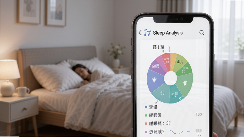 Joyzr Health睡眠分析模块,手机屏幕显示睡眠阶段饼图与时长统计,背景为宁静的卧室氛围,主体突出数据可视化,布局平衡,风格柔和,细节展示阶段划分,高清画质,干净背景,无多余元素,文字标注