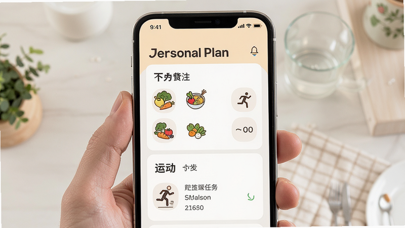 Joyzr Health个性化计划界面,手机屏幕展示今日推荐食谱与运动任务,布局分栏清晰,风格温馨实用,细节处体现食材图标与运动动作,高清画质,干净背景,无多余元素,文字标注