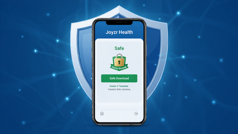 Joyzr Health安全下载示意图,手机屏幕显示安装确认界面,背景为盾牌图标,主体突出安全提示,布局中心对称,风格信任感强,细节展示安全锁标志,高清画质,干净背景,无多余元素,文字标注