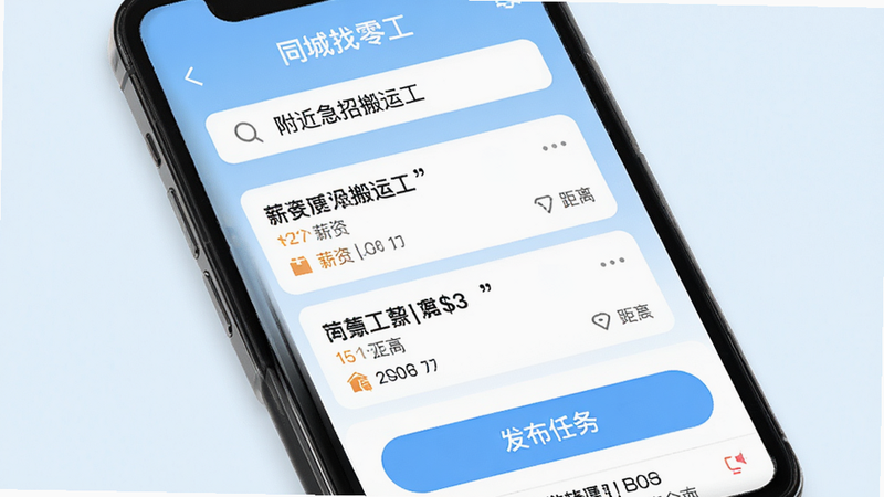 主体为手机屏幕界面,显示名为“同城找零工”的应用首页,背景为浅蓝色渐变,布局清晰,上方有搜索栏显示“附近急招搬运工”,中间列表展示多个工作卡片,包含标题、薪资和距离,下方有“发布任务”大按钮,风格为现代扁平化UI设计,细节清晰,画质4K,干净无多余元素,文字加引号