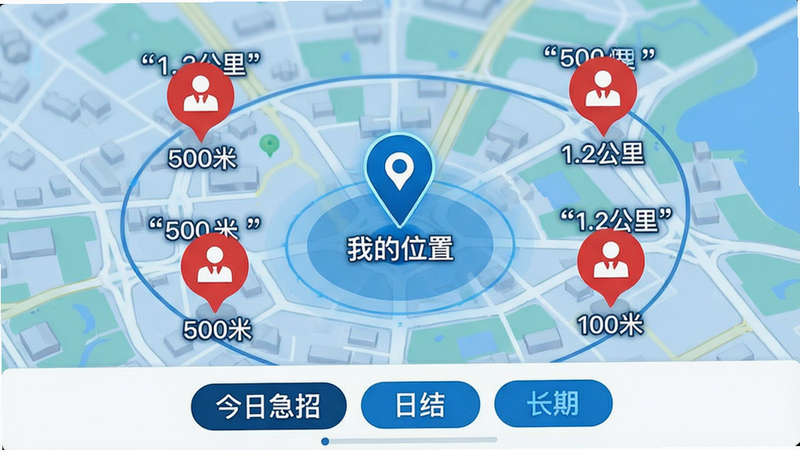 主体为地图界面,中心点标记为“我的位置”,周围分布多个红色工作图标,标注“500米”、“1.2公里”等距离信息,底部有筛选标签“今日急招”、“日结”、“长期”,风格为科技蓝配色,布局紧凑有序,细节丰富,画质高清,干净背景,文字加引号