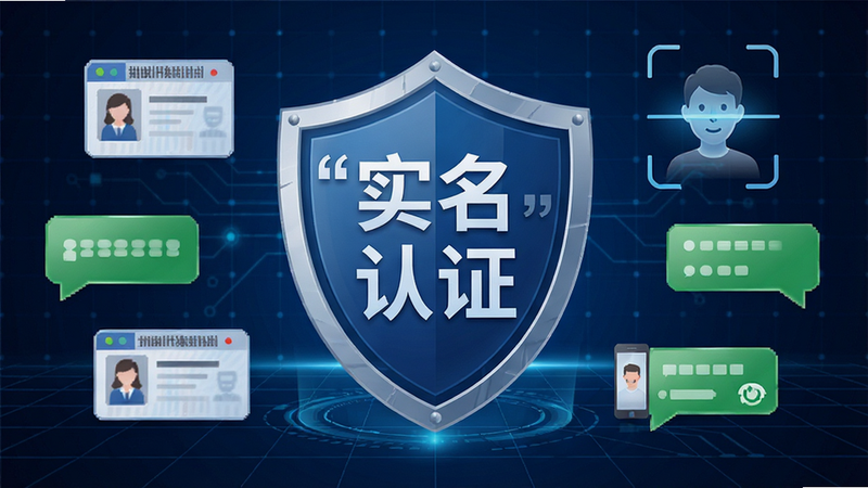 主体为安全盾牌图标,中间有“实名认证”字样,周围环绕身份证、人脸扫描、聊天记录气泡等元素,背景为深蓝色科技感网格,布局对称平衡,风格严谨专业,细节精致,画质超清,无杂乱元素,文字加引号
