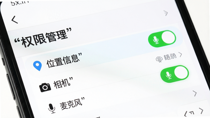 主体为手机设置界面,显示“权限管理”列表,高亮显示“位置信息”、“相机”、“麦克风”为开启状态,背景为白色,布局清晰,风格简约,细节准确,画质高清,干净背景,文字加引号