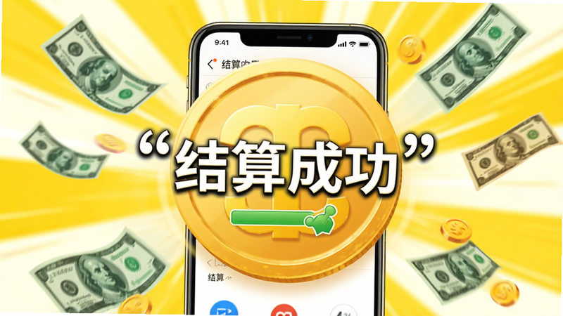 主体为金币和手机支付界面,显示“结算成功”字样,背景为明亮的黄色和白色,周围有钞票飞舞的动态效果,布局中心突出,风格活泼明快,细节生动,画质清晰,干净背景,文字加引号