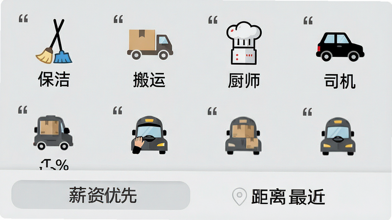 主体为分类标签墙,包含“保洁”、“搬运”、“厨师”、“司机”等图标,排列整齐,下方有排序选项“薪资优先”、“距离最近”,背景为浅灰色,布局网格状,风格简洁现代,细节清晰,画质高清,无多余装饰,文字加引号