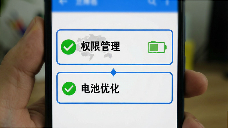 主体是手机设置界面的模拟图,重点突出“权限管理”和“电池优化”两个选项,选项前有绿色的对勾图标,表示已开启。背景模糊处理,聚焦于设置项。布局为纵向列表,文字清晰可读。风格为扁平化UI设计,色彩以白底蓝框为主。细节上对勾图标鲜艳,文字加粗显示。画质清晰,干净,无多余元素,直观展示魔方还原模拟器的必要设置步骤