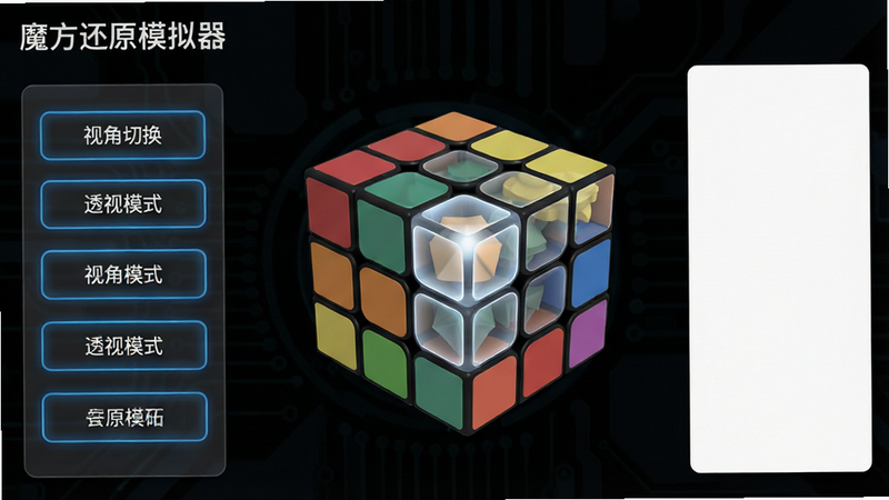 主体是魔方还原模拟器的操作界面截图,背景为深邃的科技黑。画面中央展示一个魔方,其中一层贴纸呈现半透明高亮状态,显示出内部结构。左侧有一个半透明的控制面板,包含“视角切换”、“透视模式”等按钮,按钮带有蓝色发光边框。布局左中右结构分明,左侧控制区,中间主视图,右侧留白。风格为UI设计展示,扁平化与微立体结合。细节上按钮文字清晰,光效柔和。画质清晰,干净,无多余元素,突出软件名称“魔方还原模拟器”的功能特性