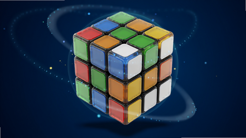 主体是一个悬浮在深蓝色渐变背景中央的高精度3D魔方,魔方表面贴纸色彩鲜艳(红蓝绿黄橙白),呈现半透明玻璃质感,周围环绕着淡淡的科技光晕和粒子特效。布局上魔方占据画面中心60%区域,下方有柔和的投影增加立体感。排版简洁,无多余文字。风格为现代科技风与极简主义结合。细节上魔方边缘圆润,贴纸反光自然。画质4K高清,干净,无多余元素,清晰展示魔方还原模拟器的核心视觉特征